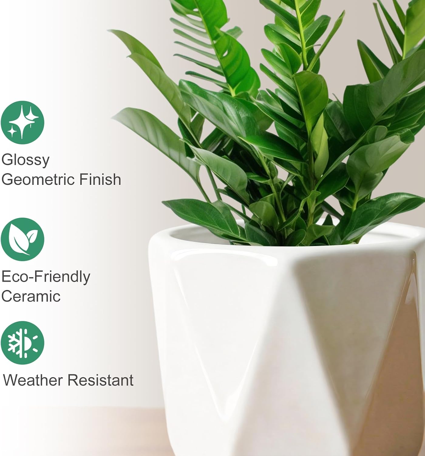White Ceramic Planter Set of 3 with Drainage and Saucer, Indoor Plant Pots | Modern Geometric Flower Pots (6.5/5.5/4.5