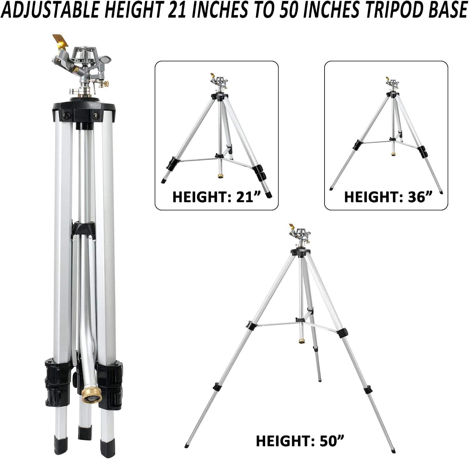 STYDDI Heavy Duty Impact Sprinkler on Tripod Base, Extra Tall Metal Pulsating Telescoping Tripod Sprinkler for Large