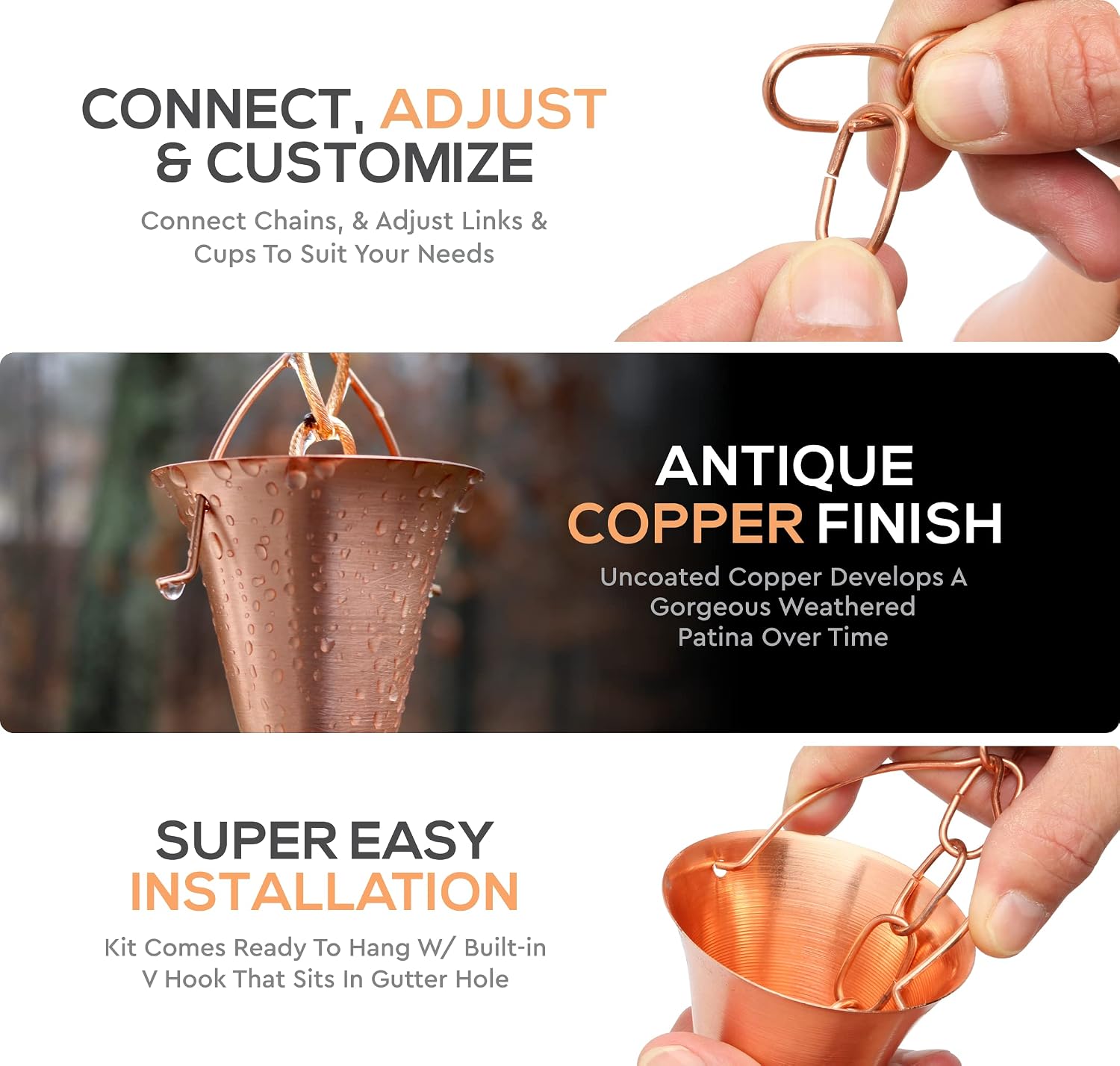 Copper Rain Chain – Decorative Chimes & Cups Replace Gutter Downspout & Divert Water Away from Home for Stunning