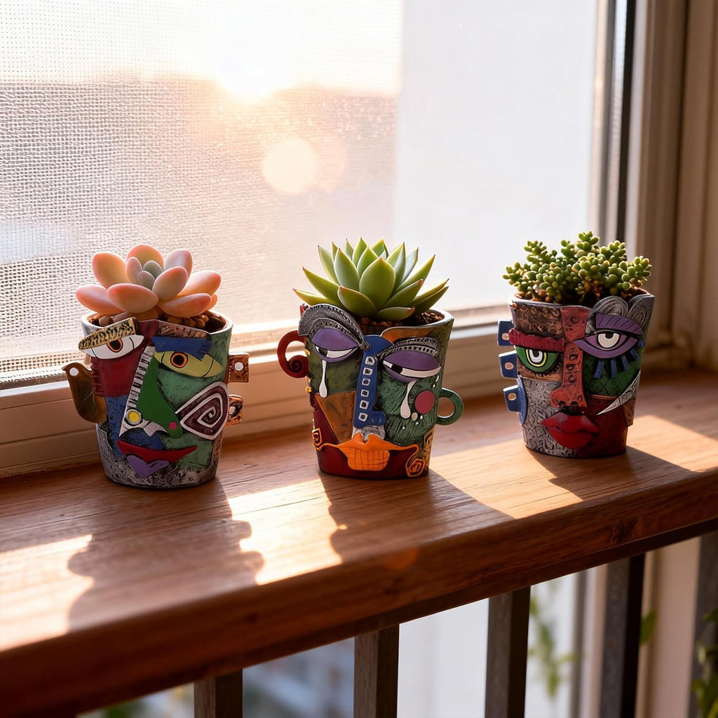 Mini Abstract Face Planter – Small Picasso-Inspired Resin Planter for Succulents, Cacti & Small Plants, Whimsical