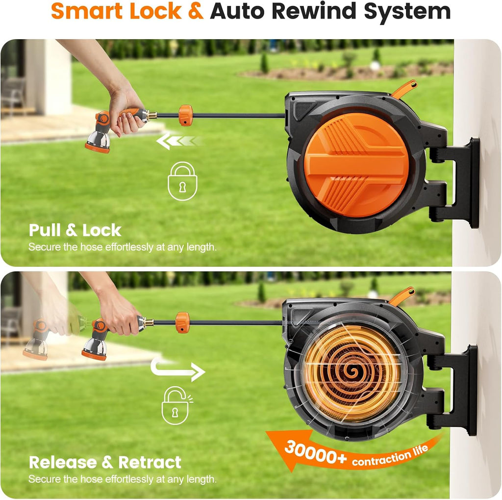 Retractable Garden Hose Reel 1/2” x 100ft, Auto Rewind Hose Reels for Outside, Heavy-Duty Wall-Mounted Outdoor Hose