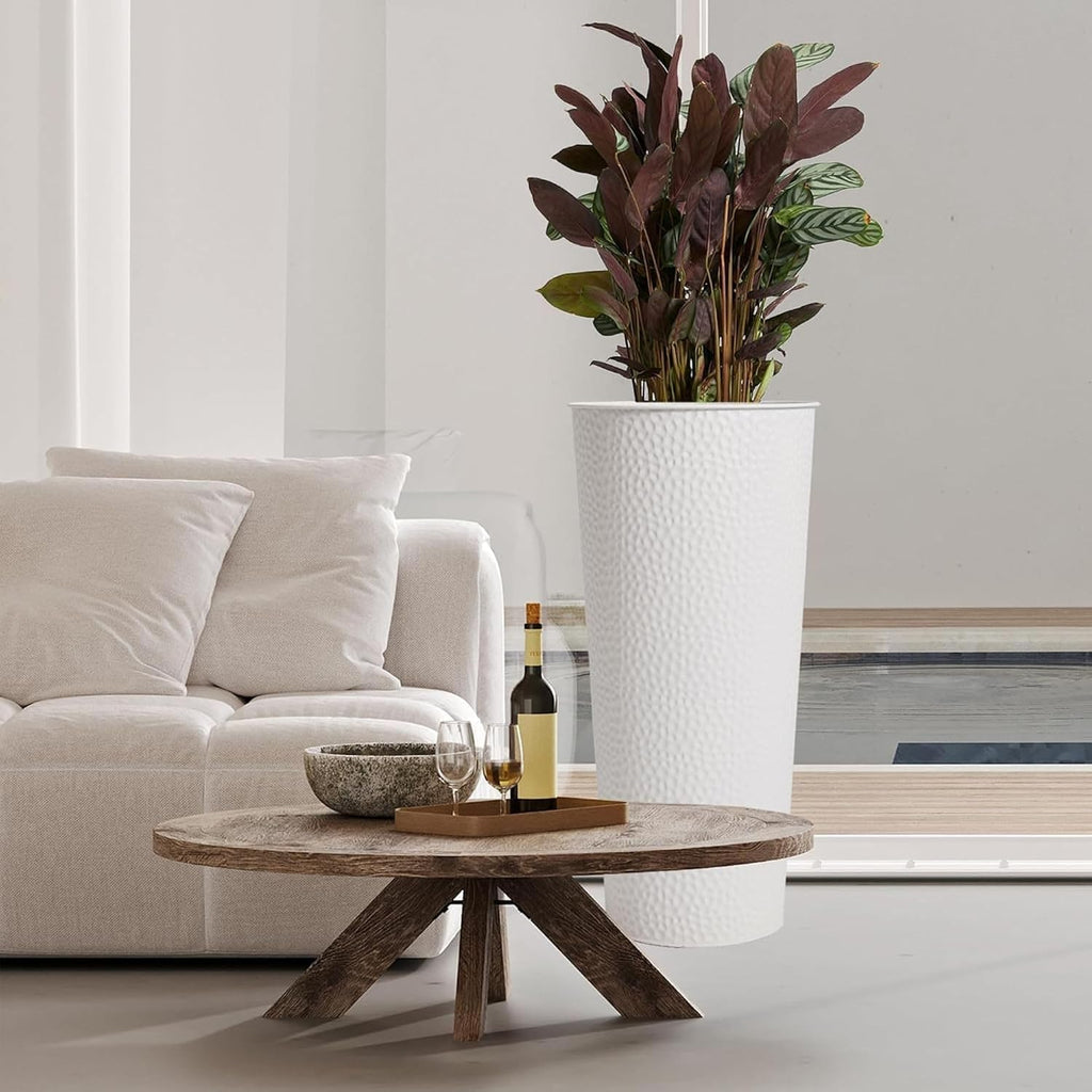 Worth Garden 2-Pack 28" H. Metal Planter with 2X Inside Pots - Hand-Hammered Texture Tall Cone Plant Pots - Large