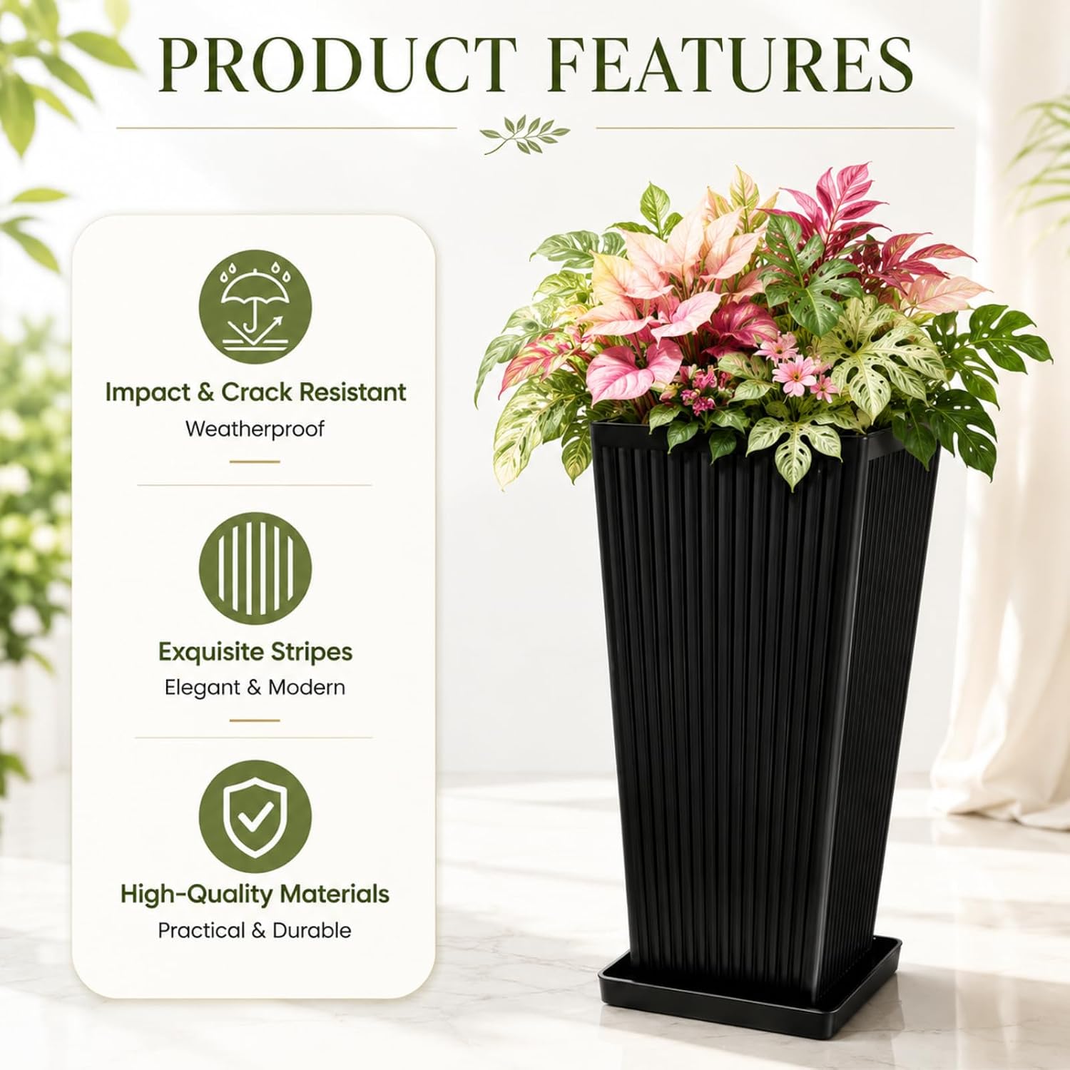 24" Tall Planters for Outdoor Plants Set of 2 Square Fluted,Black | Textured Finishes Tapered Modern Large