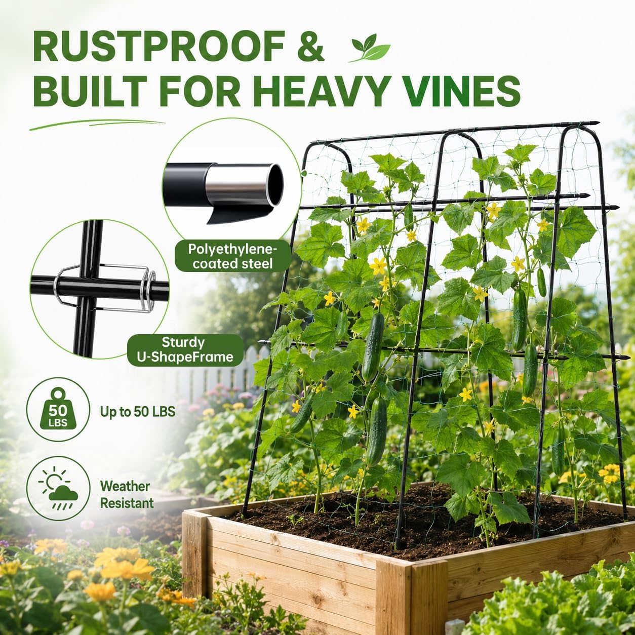 63x63 Cucumber Trellis for Raised Garden Bed, Black | Adjustable Garden Arch Trellis for Climbing Plants Outdoor, Metal