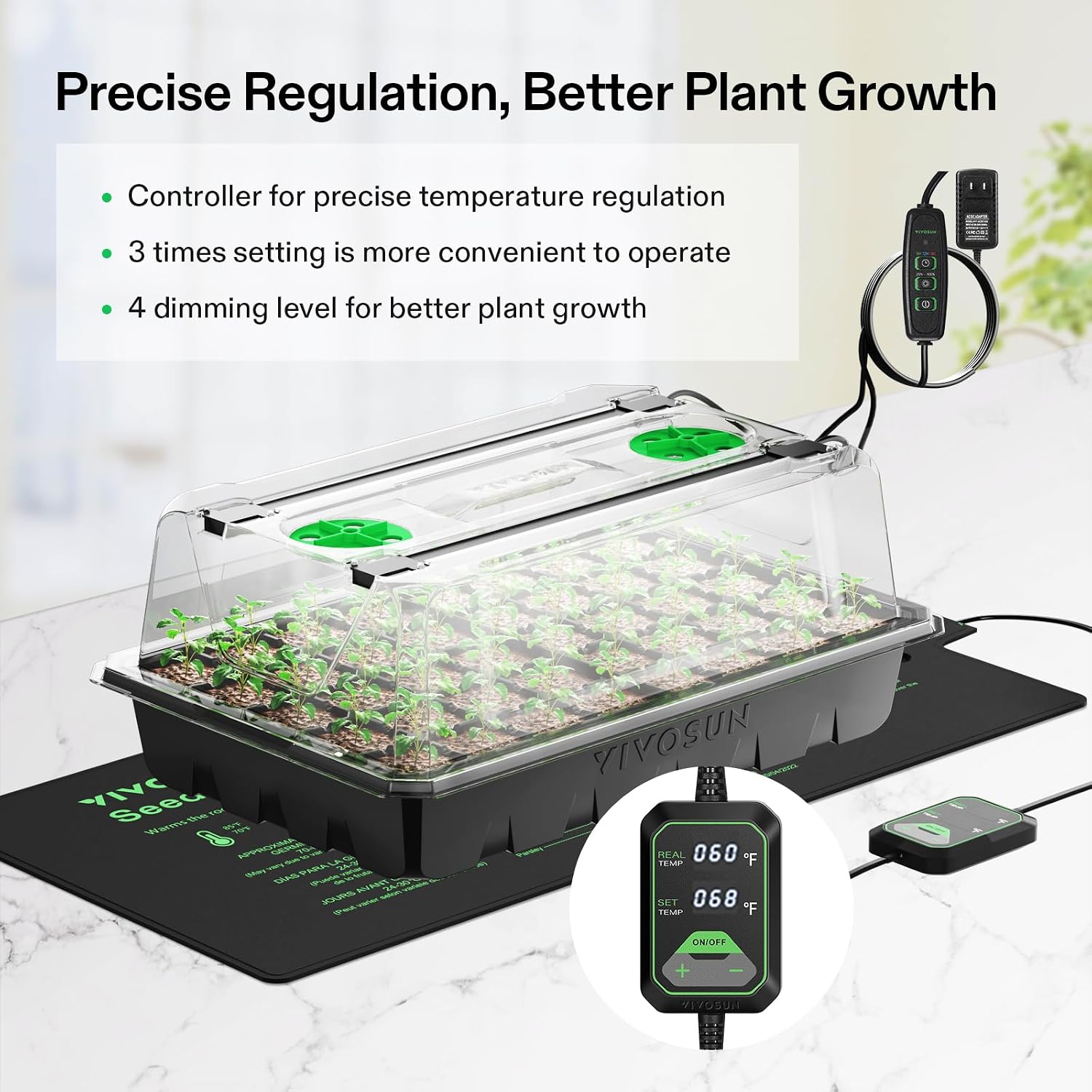 VIVOSUN 1-Pack Seed Starter Kit, 40-Cell Tray, LED Lights and Heat Mat | 10"x20.75" Seedling Heating Mat, 3.6" Higher