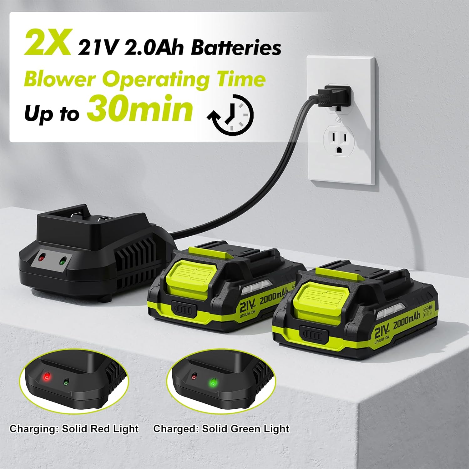 Leaf Blower Cordless 21V Electric with 2 Batteries and Charger Lightweight | 2 Speed Modes & 2.0Ah Powerful Battery