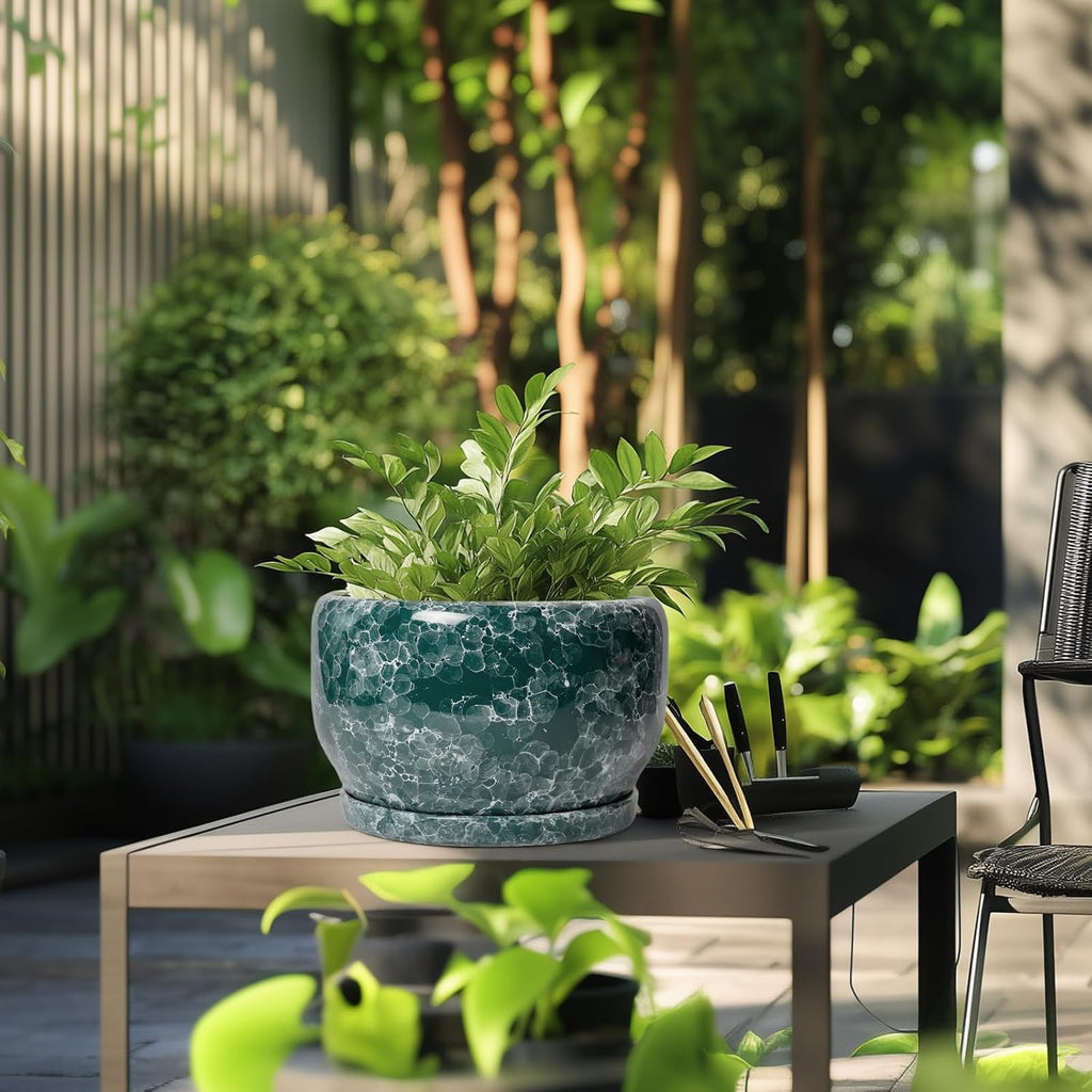 SQOWL 10 Inch Plant Pot - Ceramic Planter for Indoor Plants Outdoor, Large Ceramic Flower Pot with Drainage Hole and