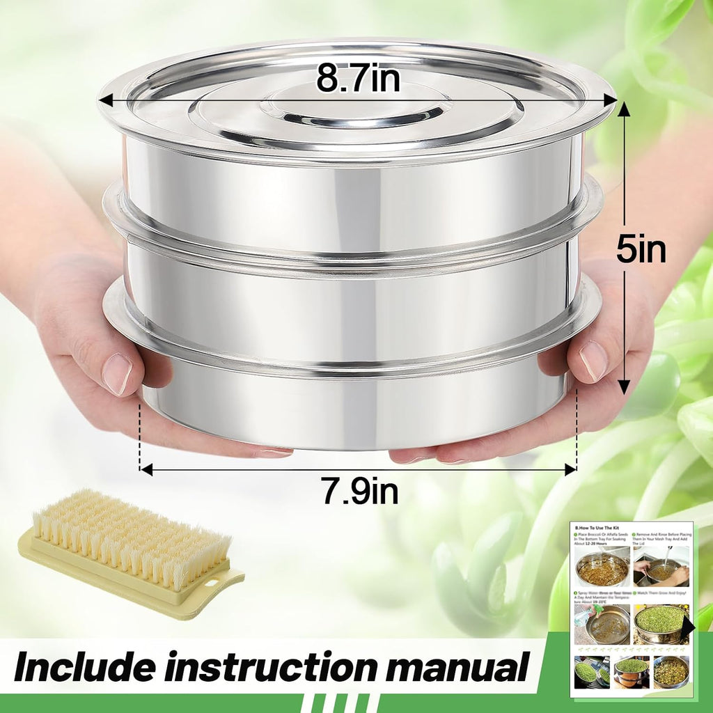 Aulock Stainless Steel Seed Sprouting Kit, 7.9'' Microgreens Growing Tray | 3-Tier, Stackable Round Sprouter Maker with