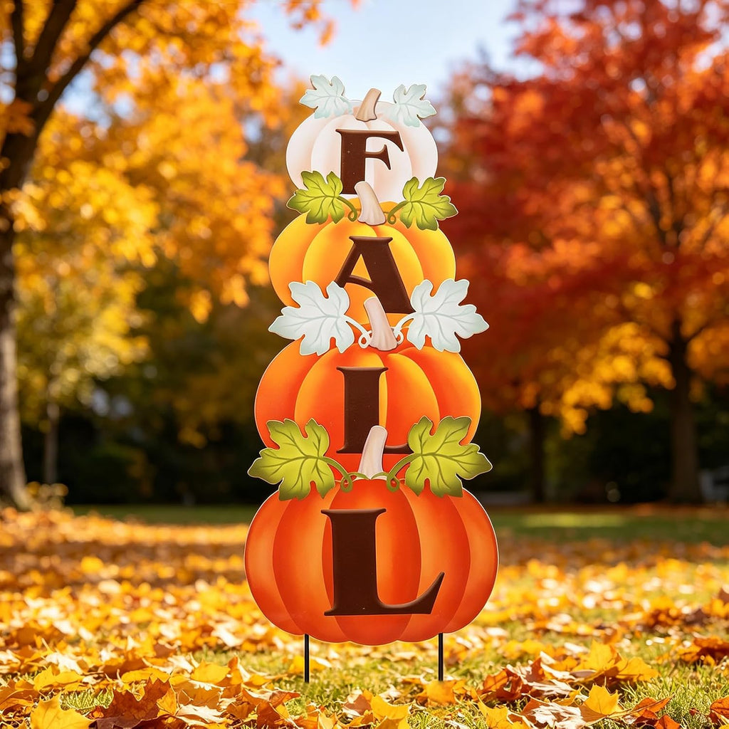 Fall Outdoor Pumpkin Stake Set of 4, Thanksgiving Garden Decor | 35.6'' Metal Garden Stakes, Autumn Harvest Pumpkin