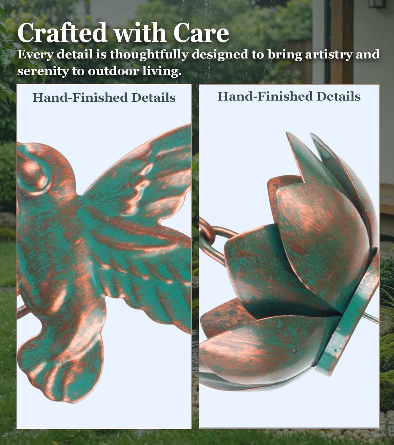 shumi Rain Chain for Gutters, 8.8 FT Decorative Heavy Duty Rain Chain | 12 Hummingbird & 12 Lotus Cups, Copper Plated