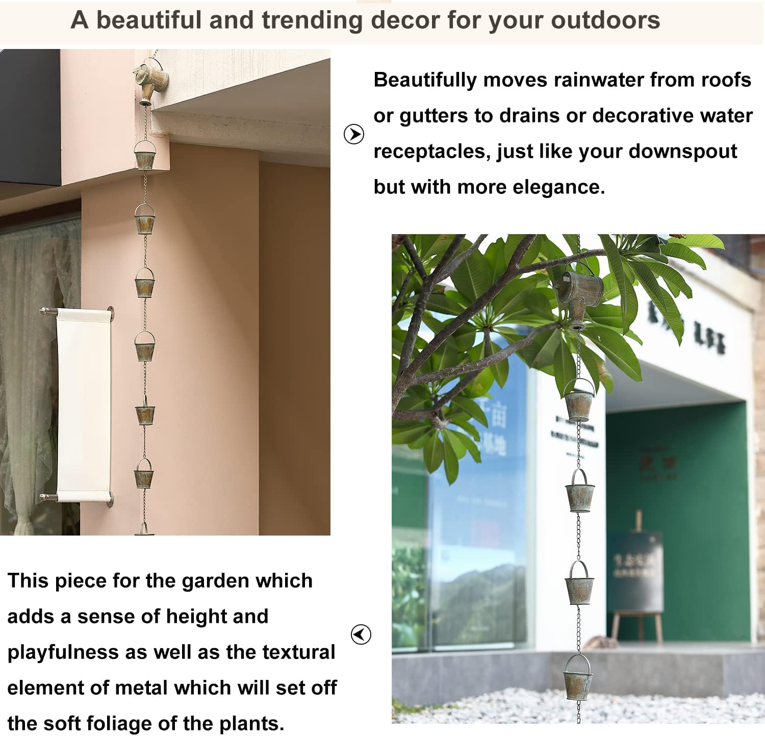 Jemeni 8.5Ft Decorative Rain Chain with Watering Can & Buckets | Copper Rain Chains for Gutters, Decorative Rainwater