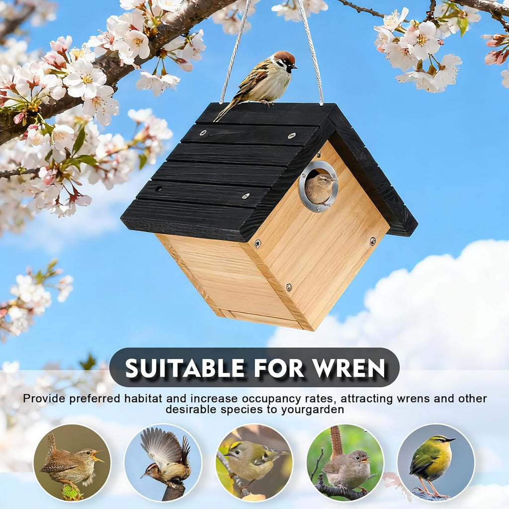 Gtongoko Hanging Wren Bird Houses for Outside with 1-1/8" Entrance 2 Pack | Wood Nesting Box with Metal predator guard