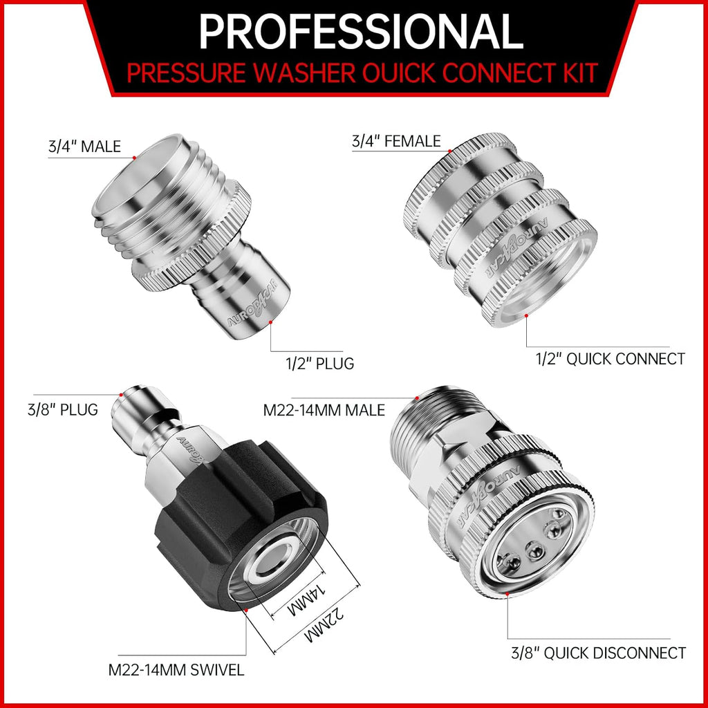 AURORA CAR Pressure Washer Quick Connect Kit, Stainless Steel Adapter 8 Pcs | Pressure Washer Adapter Set, M22-14mm