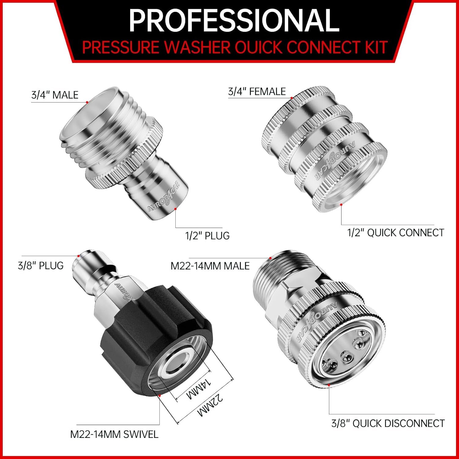 AURORA CAR Pressure Washer Quick Connect Kit, Stainless Steel Adapter 8 Pcs | Pressure Washer Adapter Set, M22-14mm