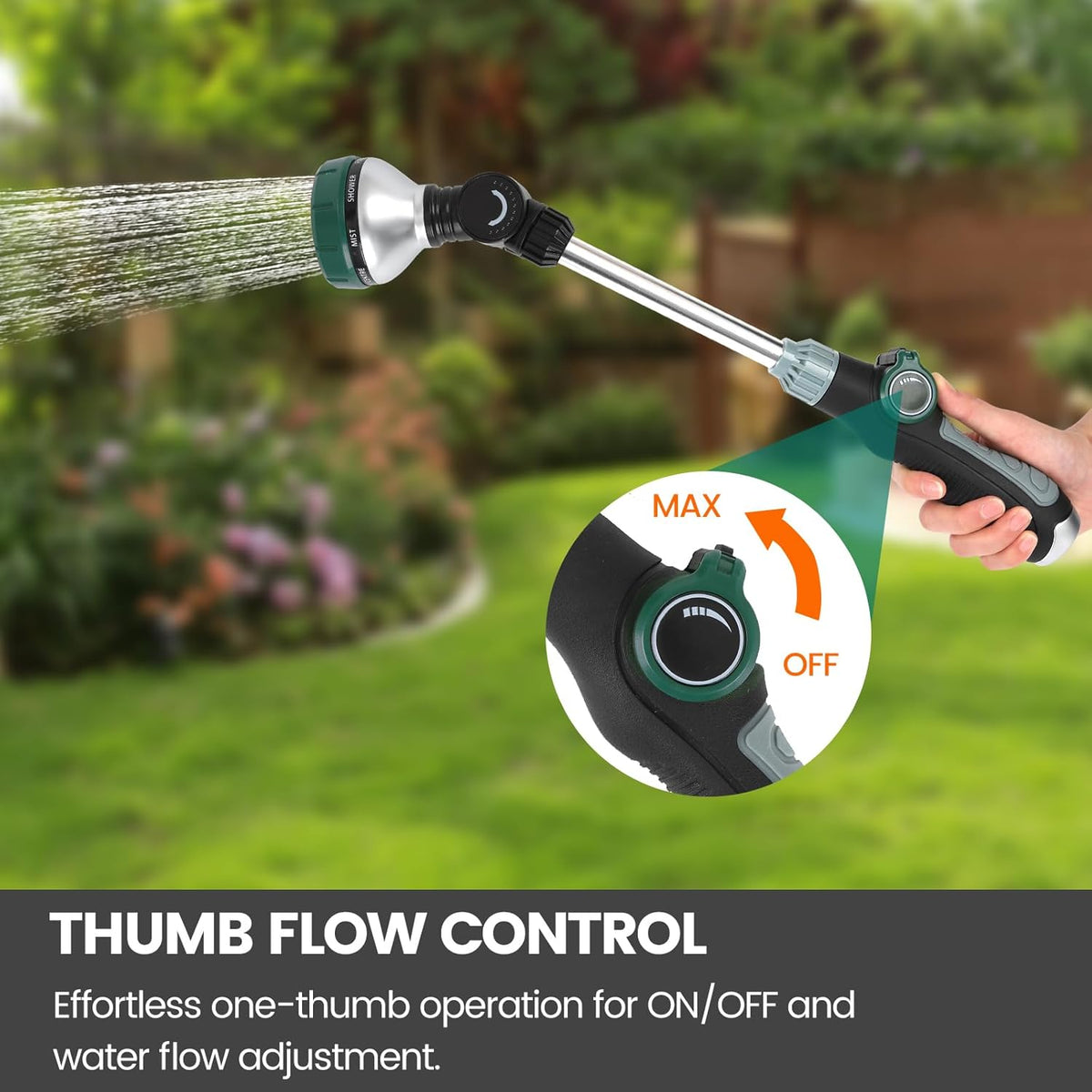 Watering Wand for Garden Hose, 17.5 Inch, 8 Spray Patterns, Garden Hose Nozzle with Thumb Flow Control, Adjustable