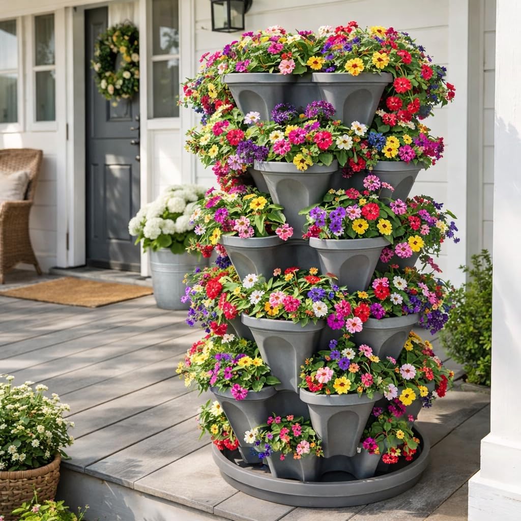 5-Tier Stackable Strawberry Garden – 24 Quart Indoor / Outdoor Stacking Planter with Drip Saucer – Grow Herbs