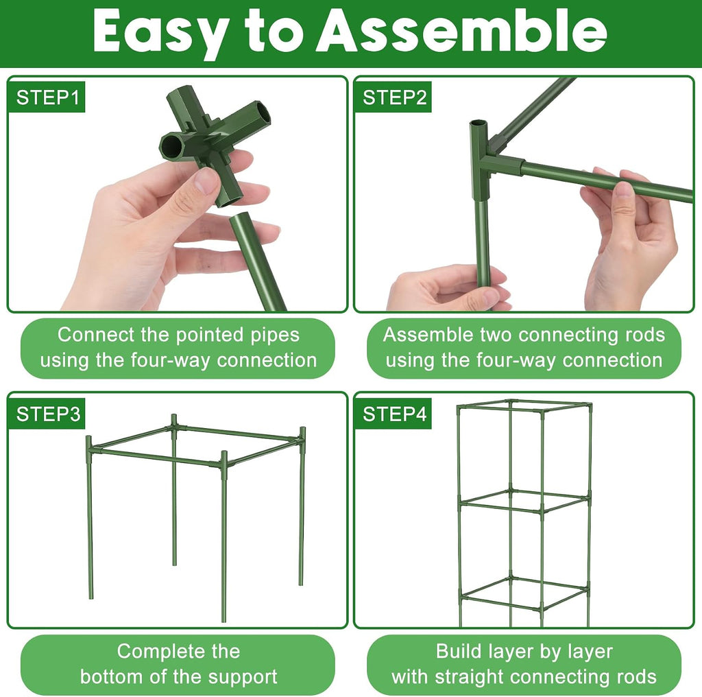 Unves 3 Pack Tomato Cage, 16" W x 66" H Tomato Trellis, with 50 Pcs Clips | Square Tomato Cage Support Frame, Suitable