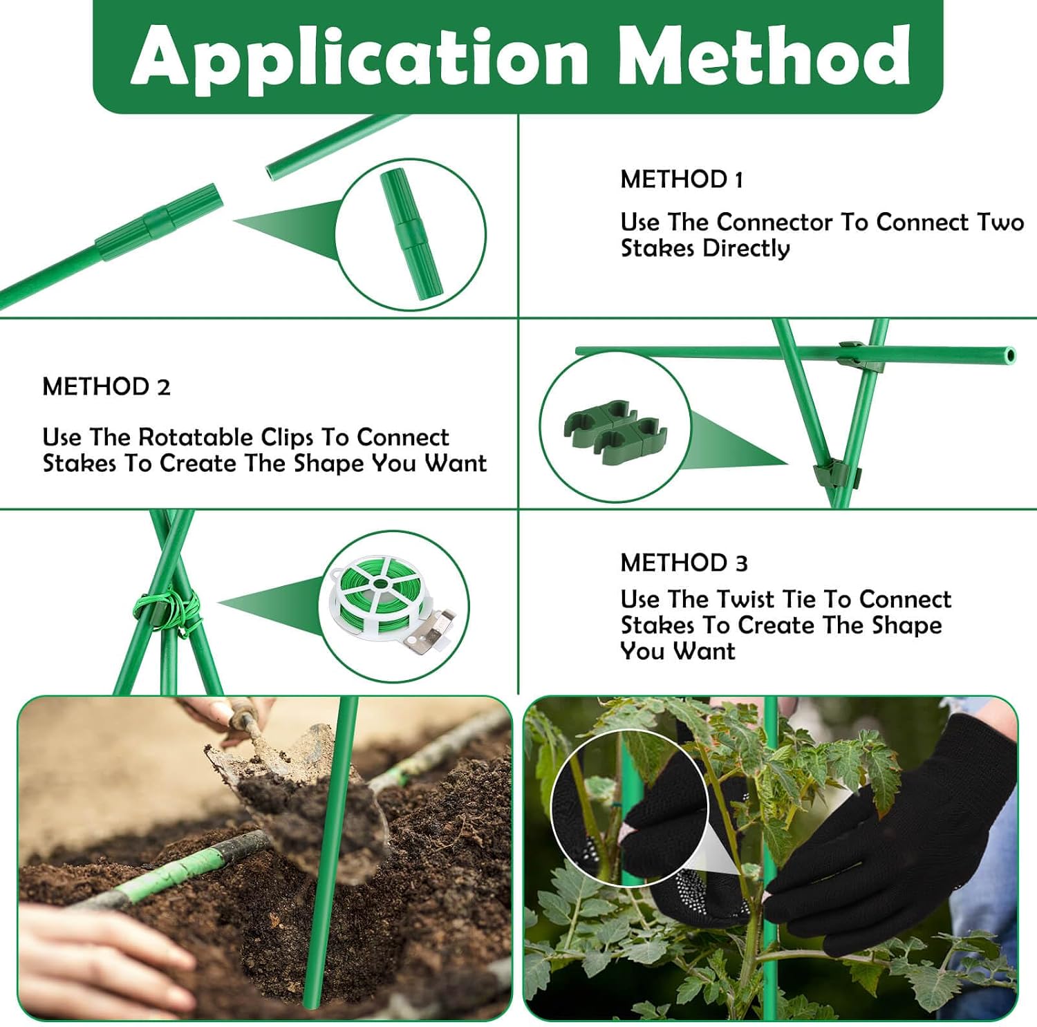 Cludoo 393PCS Garden Stakes Set with 120 Sets Fiberglass Plant Stakes Sticks Supports and Accessories, DIY 4ft 5ft 6ft