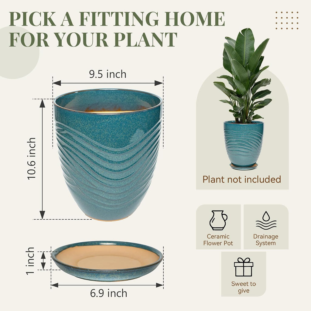 9.5 Inch Modern Ceramic Plant Pot with Saucer, Flower Pot with Drainage Hole Mesh Net,Indoor Outdoor Planter