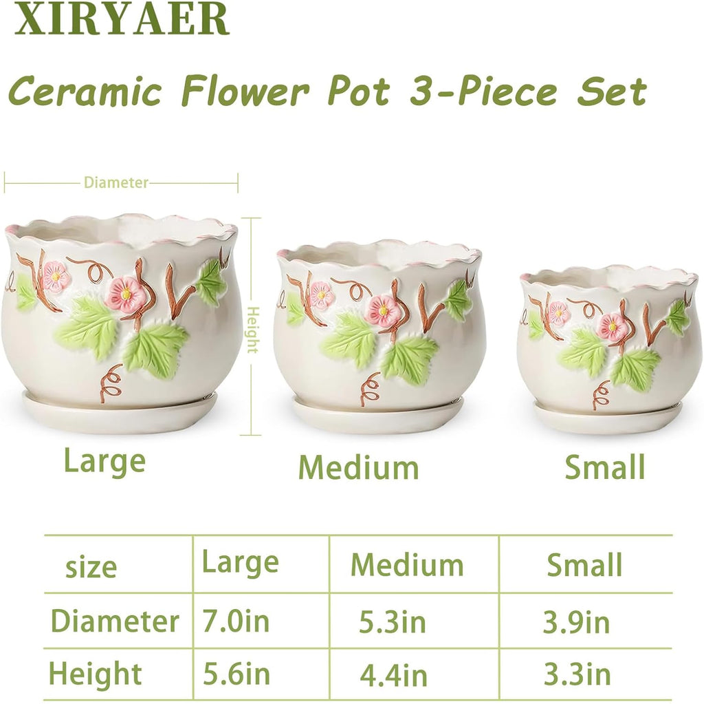 3 Piece Ceramic Plant Pots with Drainage Hole and Saucer,6.7/5.1/3.9inch,Modern Decorative Planters for Indoor