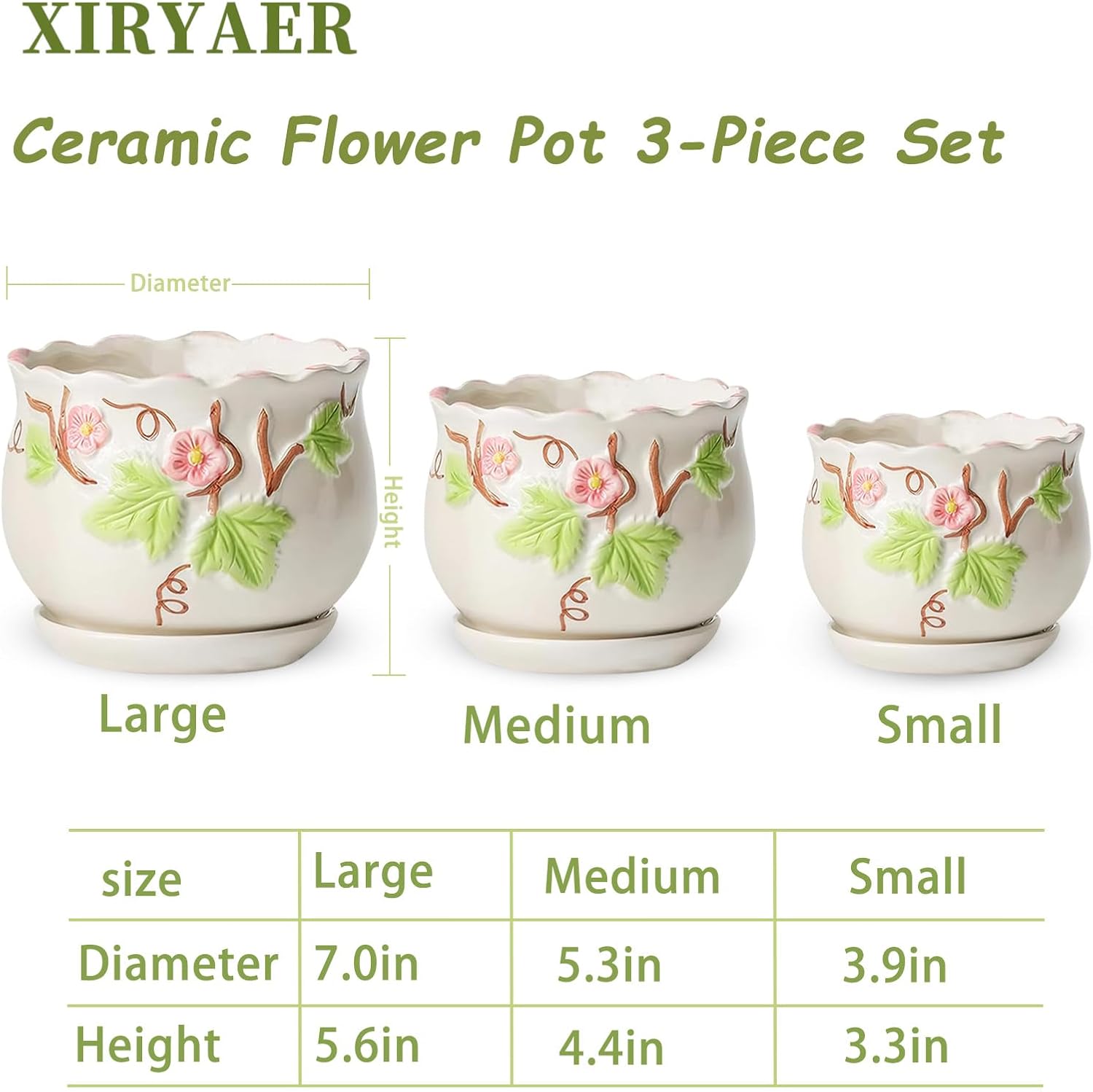 3 Piece Ceramic Plant Pots with Drainage Hole and Saucer,6.7/5.1/3.9inch,Modern Decorative Planters for Indoor