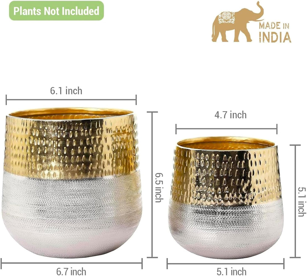 MyGift Hammered Brass and Silver Metal Planters, Handcrafted, 2 Pack | Handcrafted in India, these textured two-tone