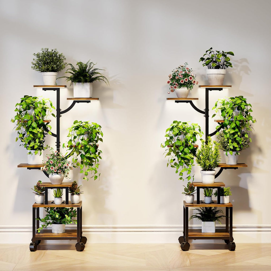 Plant Stand Indoor with Grow Lights - 7-Tier Plant Stand with Wheels, Tall Metal and Wood Indoor Plant Shelf with Tree