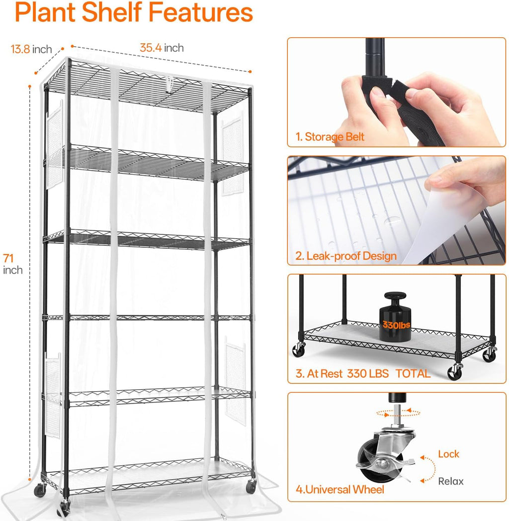 5-Tier Indoor Greenhouse with Grow Light, 35.4x13.8x71in | Indoor Greenhouse, 5-Pack Full Spectrum Plant Lights, Ideal