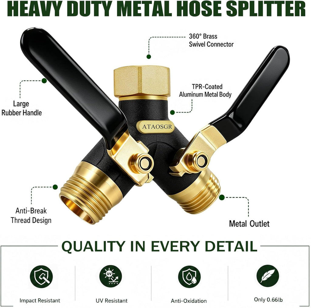 Garden Hose Splitter 2 Way, All Metal Heavy Duty Water Hose Splitter | with 360° Brass Swivel, Large Easy-Turn Handles