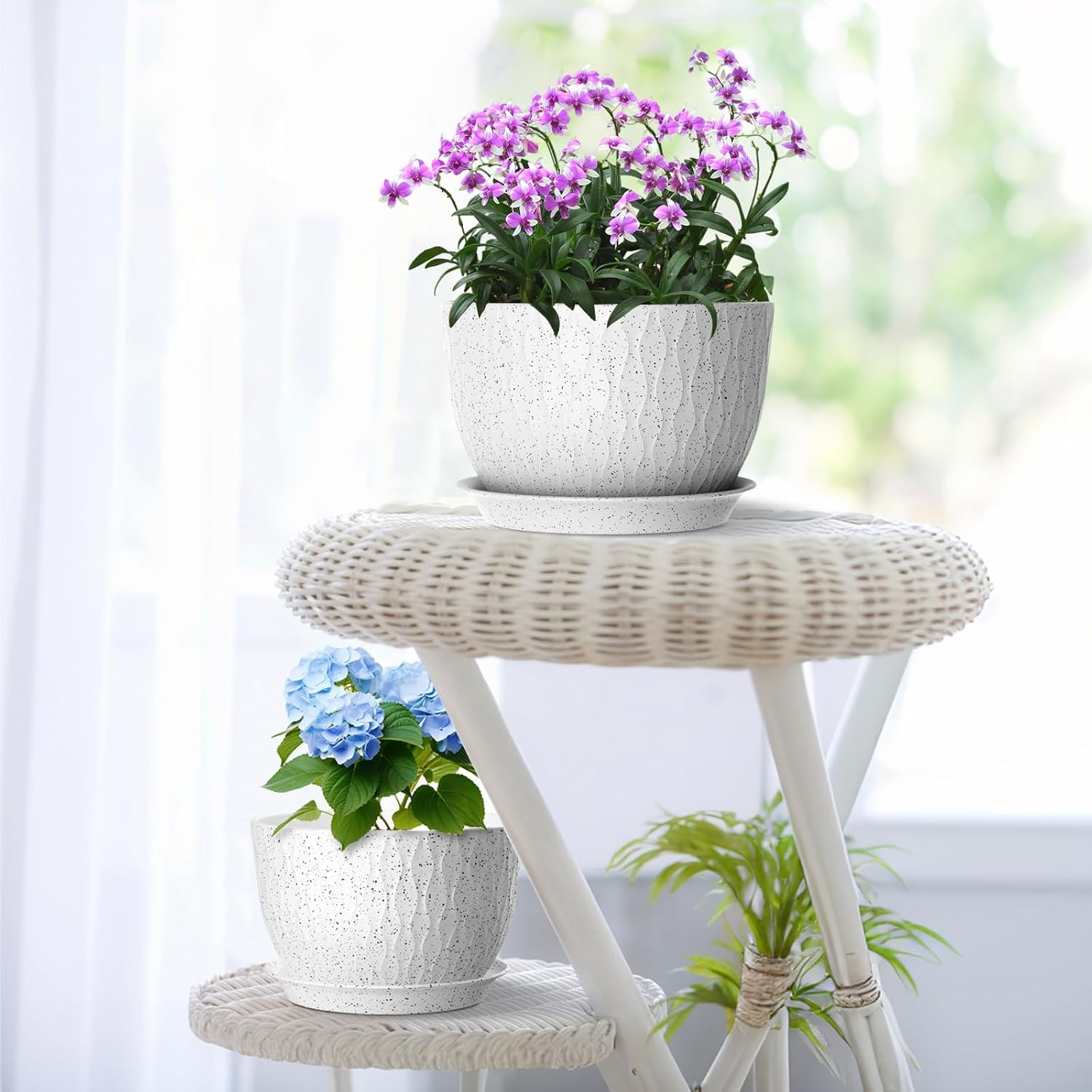 Meowell 12/10/9 inch Large Flower Pots, 3 Set Big Plant Pots for Outdoor Indoor Plants with Water Ripples, Wide Plastic