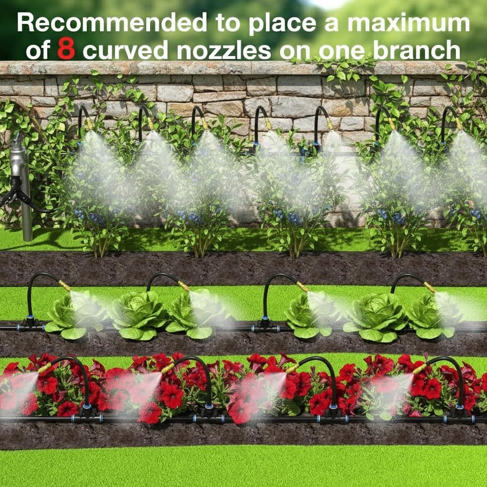 360° Adjustable Drip Irrigation System, 50FT Garden Watering Kit with 16 Nozzles, 5/16 Inch Hose, Atomizing System for