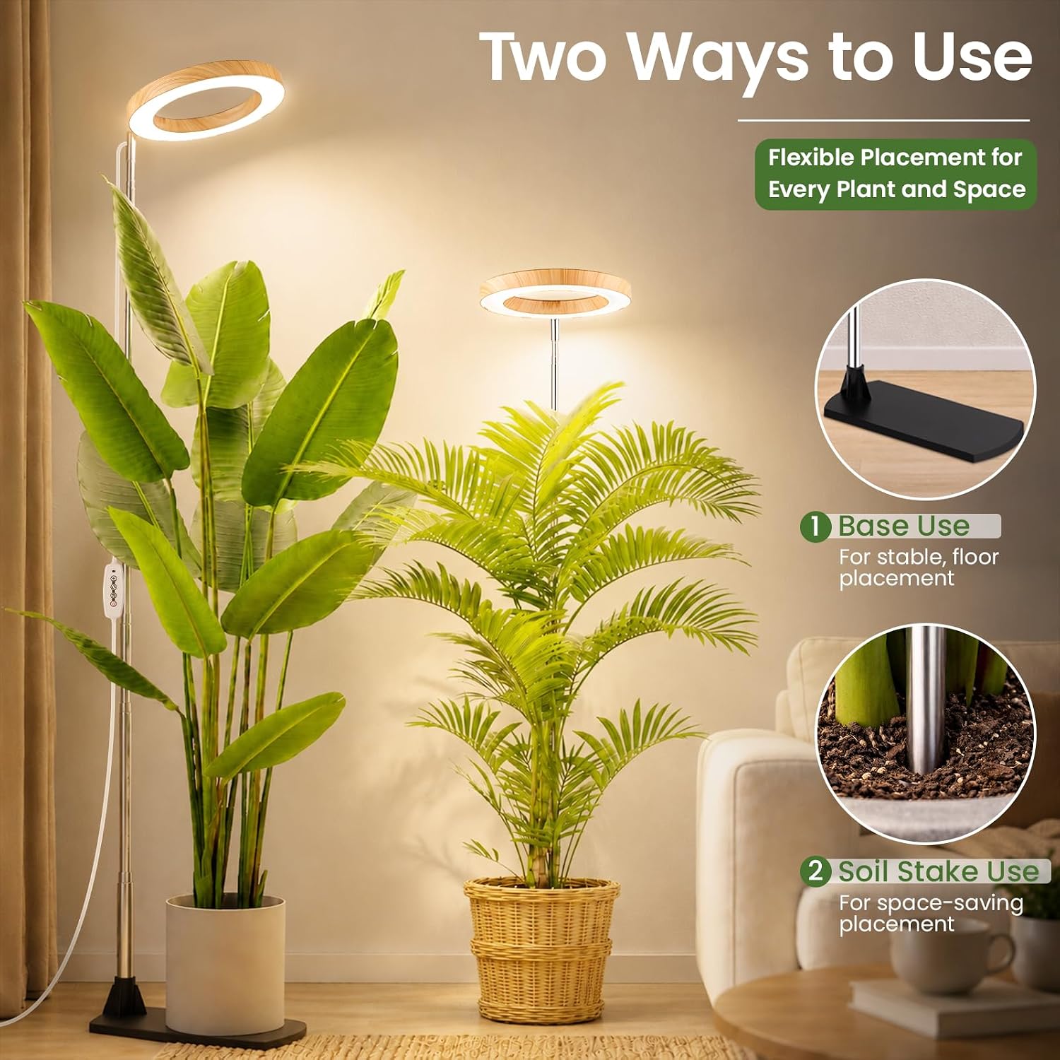 LBW Grow Lights for Indoor Plants, 6.3" Full Spectrum Plant Light with Base | Bamboo Grain, 65" Adjustable for Indoor