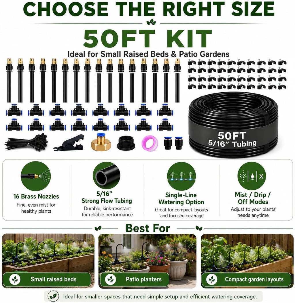 50FT 5/16" Garden Watering Kit with 16 Brass Nozzles | 16 brass nozzles, 5/16" tubing, brass faucet adapter