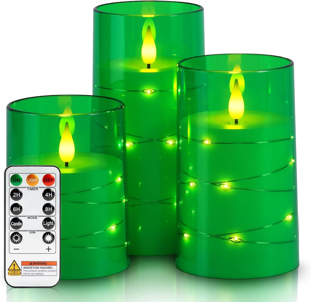 Homemory Flickering Flameless Candles, Green LED Pillar Candles with Remote