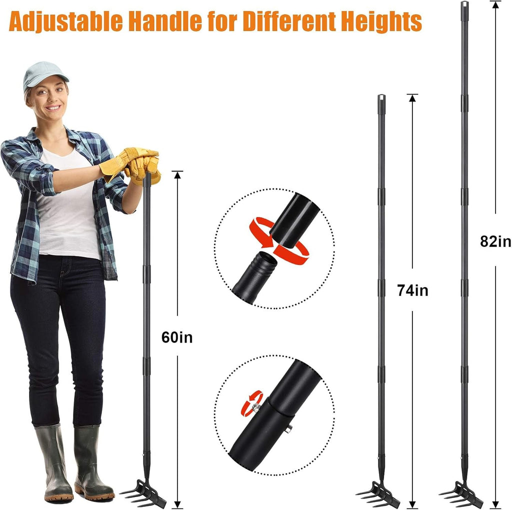 Garden Hoe With Rake, 2-In-1 Stirrup Hoe with 4-Tine Cultivator,Heavy Duty 82 Inch Long Handle Scuffle Loop Hoe For