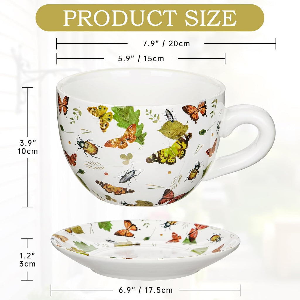 Ceramic Teacup Planter Pot with Saucer - 5.9 Inch Coffee Cup Shaped Plant Pot with Drainage Hole Butterfly Insect