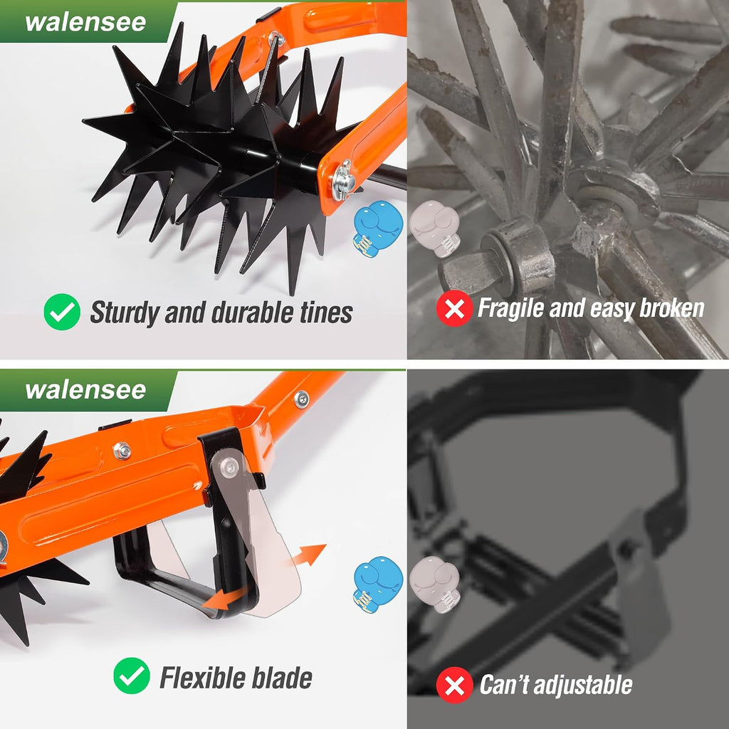 Walensee Rotary Cultivator Garden Tool, Tiller & Weeder & Stirrup Hoe | Star-shaped rotating tines break up soil