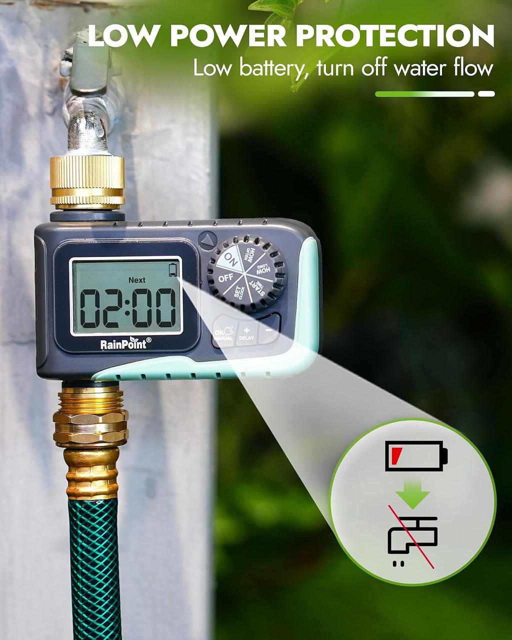 RAINPOINT Sprinkler Timer with Brass Inlet & Outlet, Programmable Hose Timer for Garden Soaker Hose with Rain