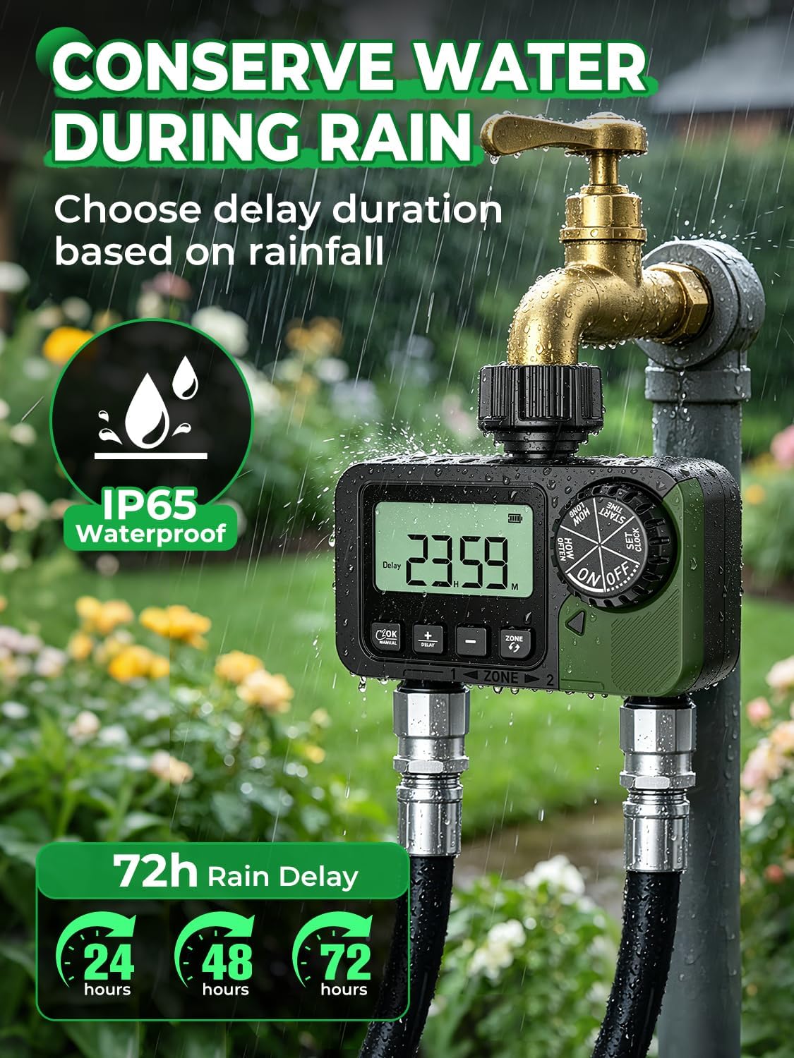 Sprinkler Timer 2 Outlets, Programmable Water Hose Timer with Rain Delay/Manual/Automatic Watering System, Outdoor