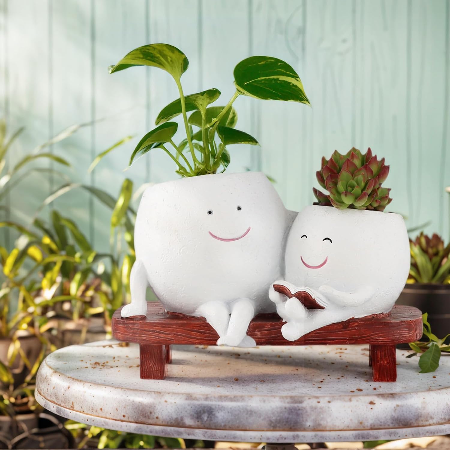 Meltset Cute Face Planter Pot - Funny Double Head Planter Sitting on Bench, Smiley Succulent Pot with Drainage Indoor