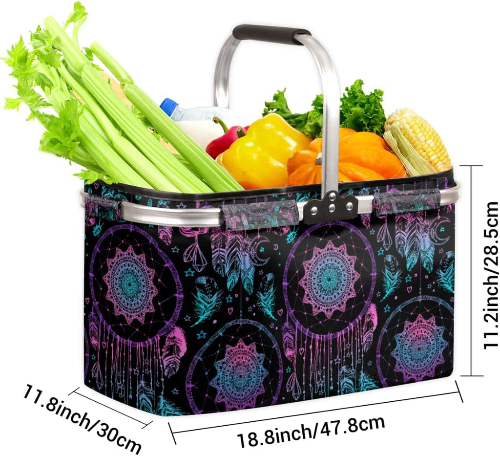 40L Large Collapsible Market Basket - Aluminum Frame | Poly Fabric | Convenient Fold Flat Design | Reusable