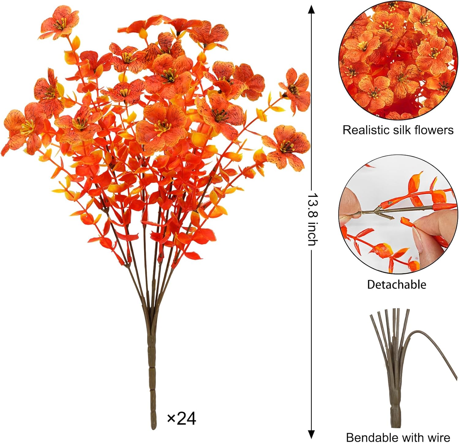 24 Pcs Artificial Fall Flowers Fake Mums for Outdoor Decor, Bright Orange | Lifelike faux mums, silk flower, UV