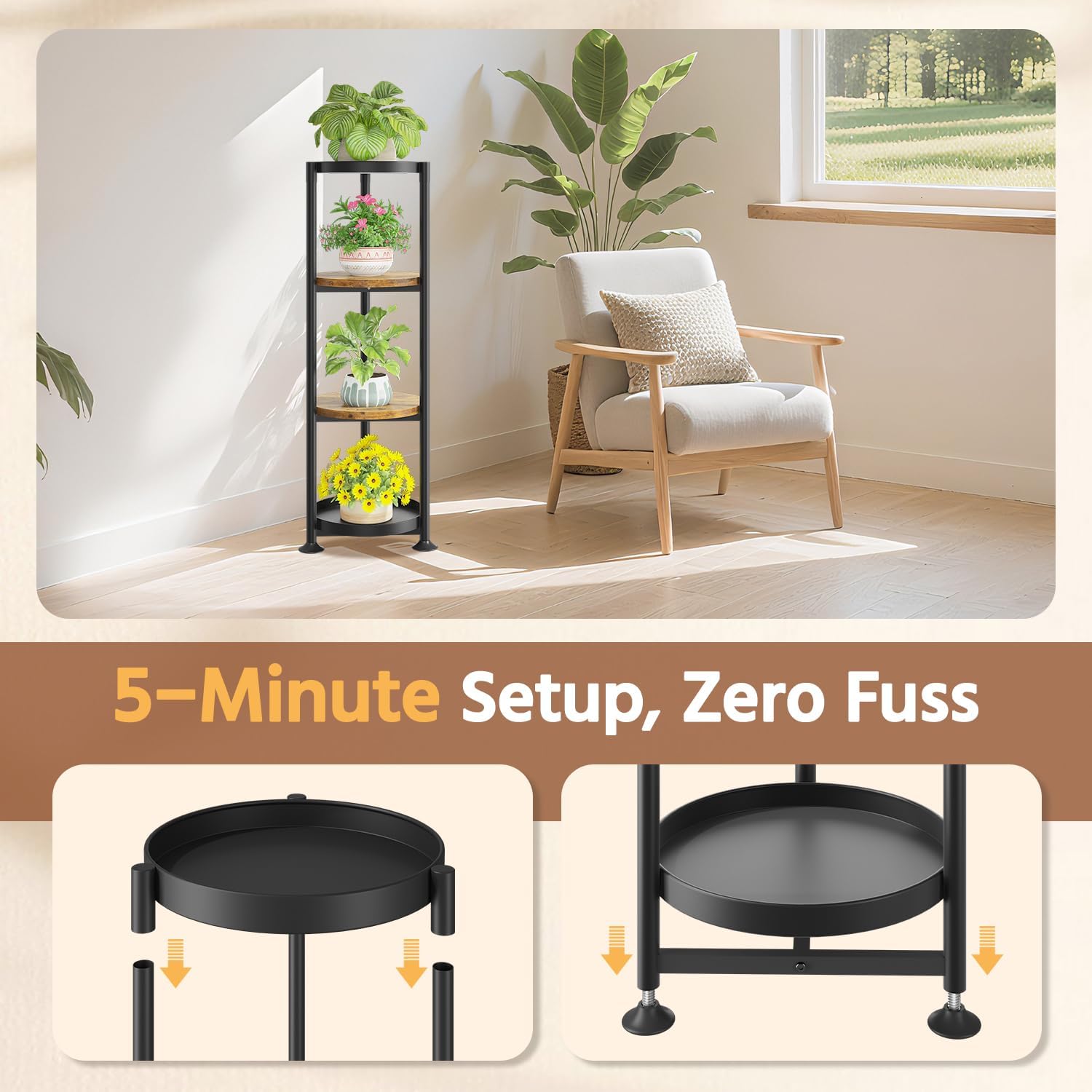 LASZOLA Plant Stand Tall Flower Holder for Indoor Corner, 4 Tier Black | Heavy Duty Metal Vertical Multi Level Shelf