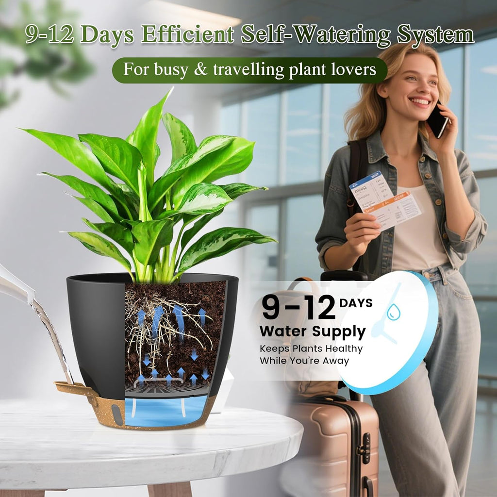 Self Watering Pots with Drainage Holes, 2 Pack 10 Inch Plant Pots with Water Level Indicator Deep Reservoir, Large