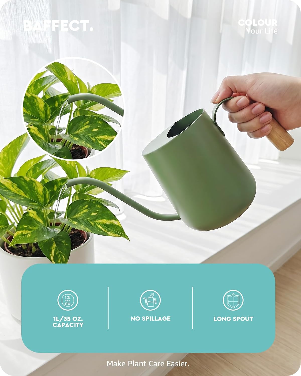 Baffect Watering Can Indoor Plants with Long Spout, 1L / 35oz (Sage Green) | Small Metal Watering Pot For Houseplant
