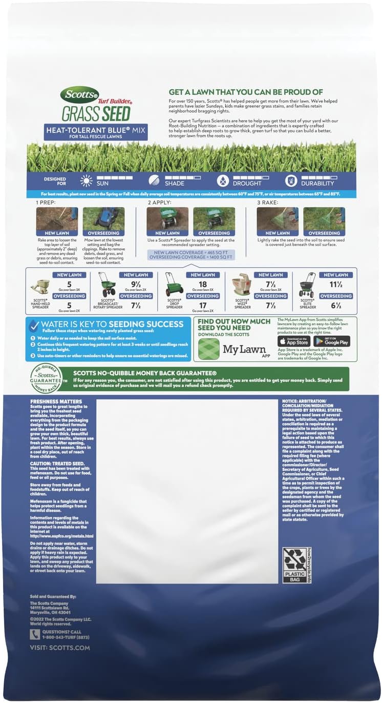 Scotts Turf Builder Grass Seed Heat-Tolerant Blue Mix, 5.6 lbs. | For Tall Fescue Lawns, Grass Seed Plus Lawn