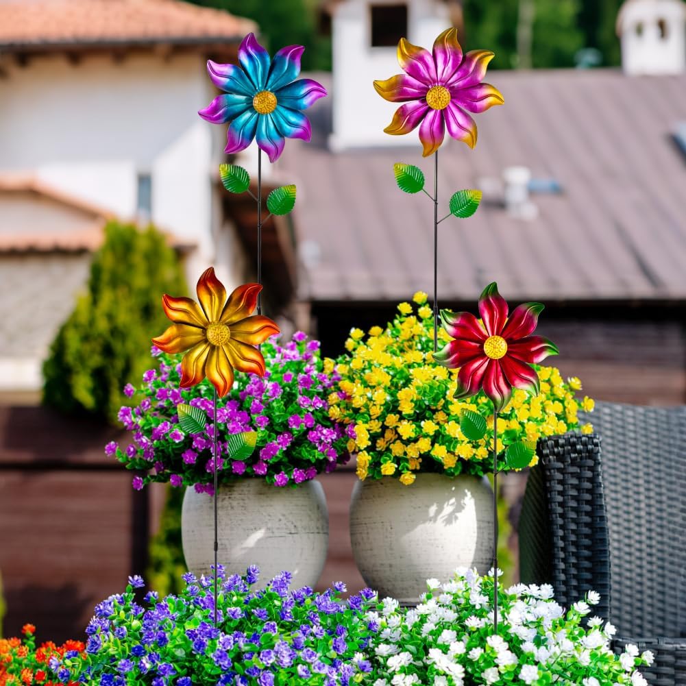 DREAMYSOUL 4 Packs Metal Flowers Wind Spinners Outdoor, Gradient Petals Metal Pinwheel for Yard and Garden Decor
