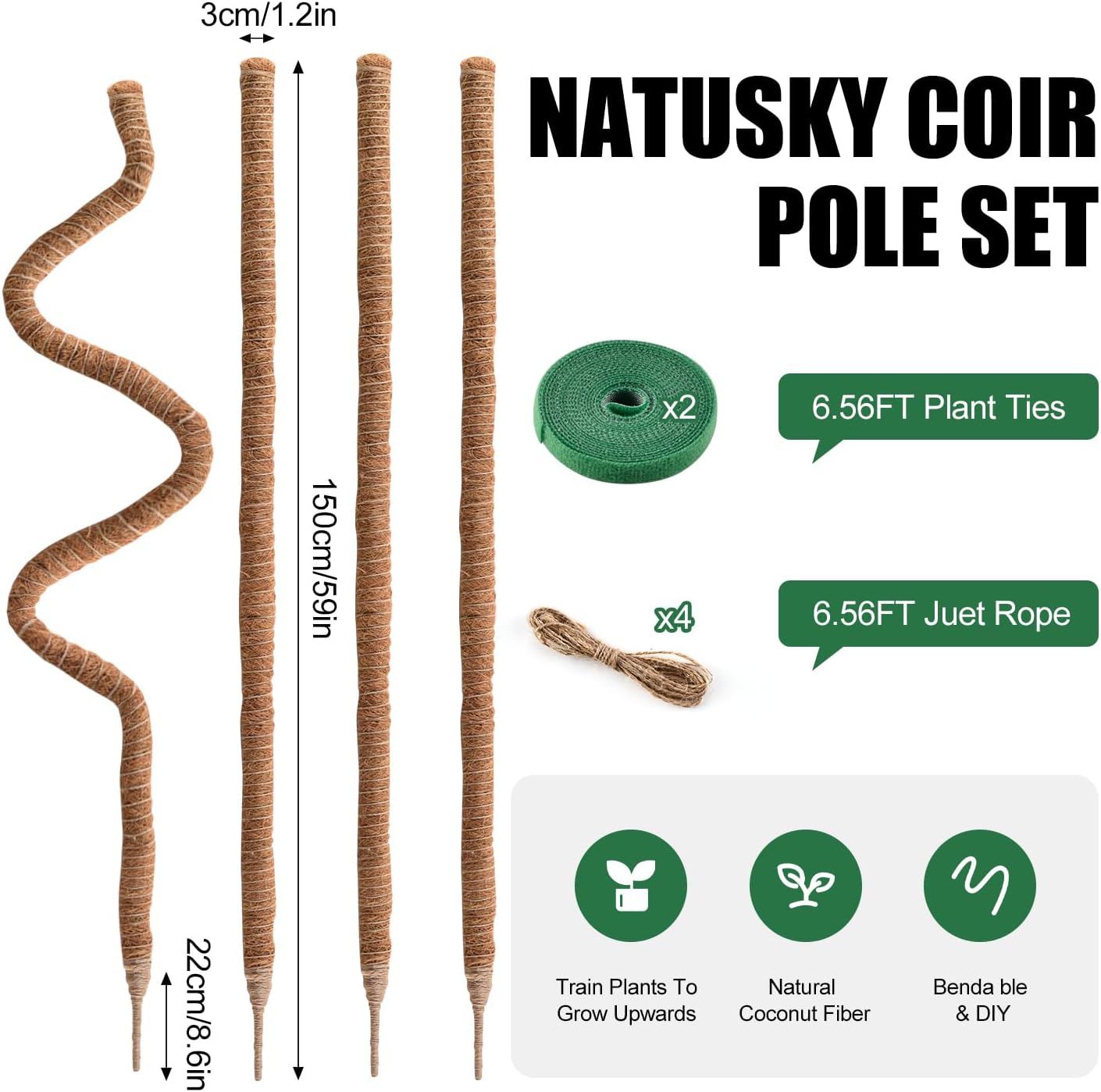 4 Pack Moss Pole 63 Inch Monstera Plant Sticks Support Tall Long Stakes | Climbing Indoor Large Bendable Handmade DIY