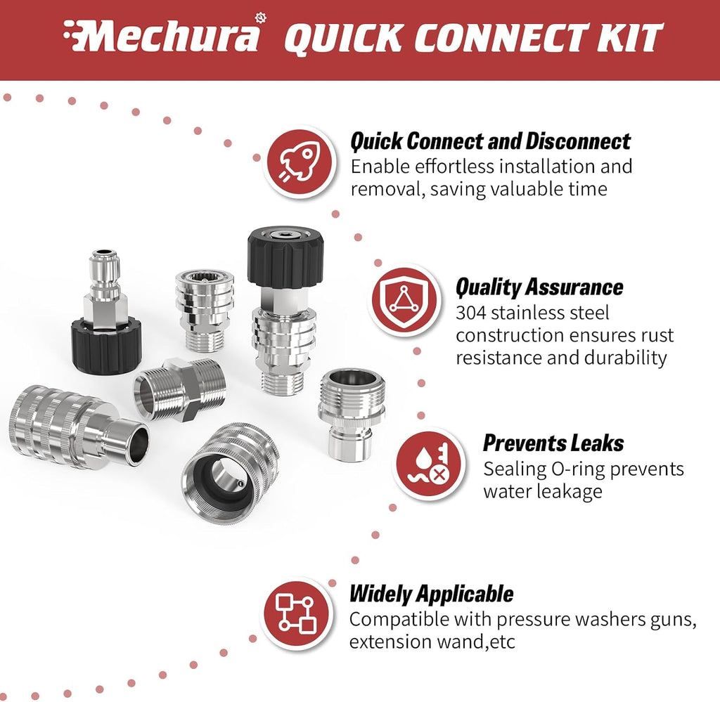 3/8" Pressure Washer Quick Connect Kit, M22-14mm Swivel Fitting | 3/8" Adapter Set, Stainless Steel 3/4" to M22 to 3/8"