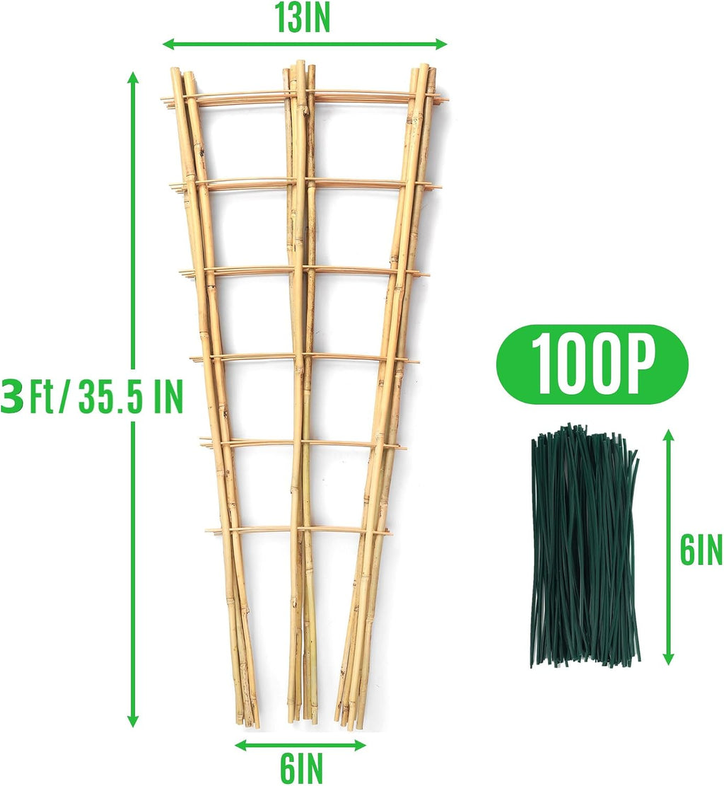 SWANGSA 6 Pack 3Ft Bamboo Trellis for Climbing Plants,35.5 Inch Fan-Shaped Bamboo Plant Trellis with 100pcs Twist Ties